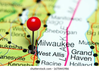 West Allis pinned on a map of Wisconsin, USA - Shutterstock ID 1670441986