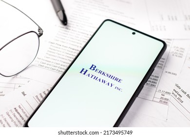 West Bangal, India - April 20, 2022 : Berkshire Hathaway logo on phone screen stock image.