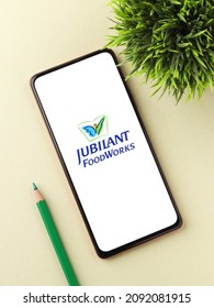 West Bangal, India - October 09, 2021 : Jubilant FoodWorks logo on phone screen stock image.