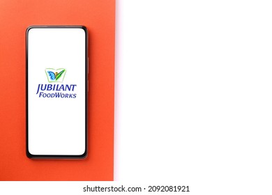 West Bangal, India - October 09, 2021 : Jubilant FoodWorks logo on phone screen stock image.