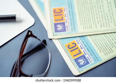 West Bengal, India, January 28, 2021 : Life Insurance Corporation Of India Policy Papers, Documents, Forms And Files. Background For LIC IPO, Pension Plan, Health Security.