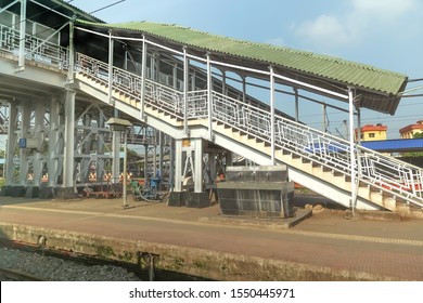 West Bengal, India, November 3, 2019: Indian Rail Footbridge With View Of Railway Platform At A Train Station In West Bengal, India 