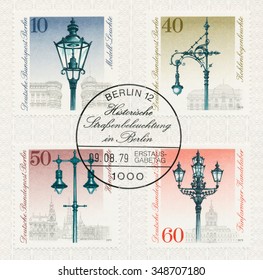 WEST BERLIN  - CIRCA 1979: A  First Day Of Issue Postmark Printed In FRG, Shows Lanterns: Gas Lamp, Historic Street  Carbon Arc Lamp, Hanging Gas Lamps, 5-armed Candelabra, Circa 1979