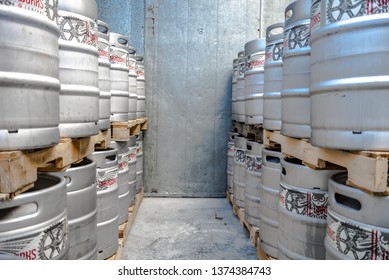 West Chester, Ohio, USA 8/15/2018 Beer Kegs In Cold Storage.