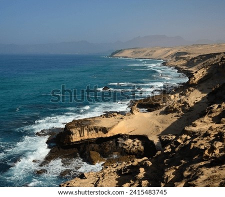 West coast of Fuerteventura Island and wild beach of Agua Liques, Natural park of Jandia, Canary Islands, Spain