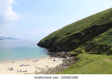 West Coast Of Ireland Landscape In Achill Island In County Mayo With Grass Sea Sand Beach Sheep