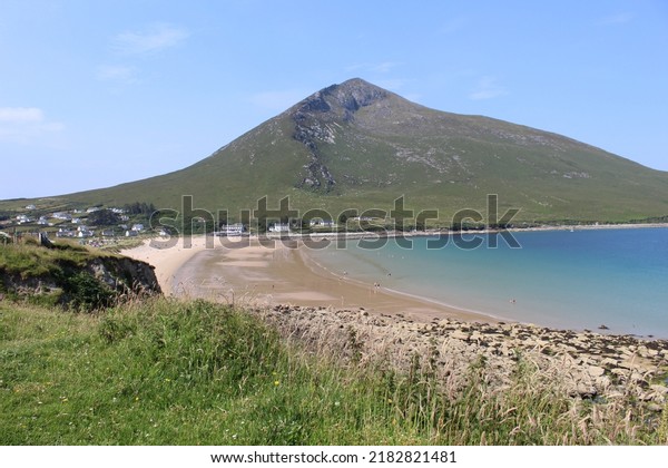 West Coast of Ireland\
Landscape in Achill Island in County Mayo with Grass Sea Sand Beach\
Sheep