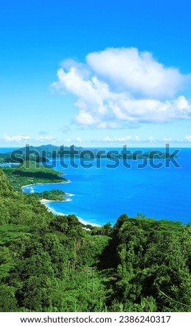 West coast of the Island Mahé, Republic of Seychelles, Africa. Bay Grand Anse in the foreground, Bay Anse Boileau and Bay Anse a la Mouche in the background. View from Venn's Town - Mission Lodge.