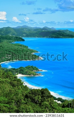 West coast of the Island Mahé, Republic of Seychelles, Africa. Bay Grand Anse in the foreground, Bay Anse Boileau and Bay Anse a la Mouche in the background. View from Venn's Town - Mission Lodge.