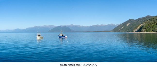 West Coast Mountains In Panorama Surrounding Jackson Bay Westland New Zealand.