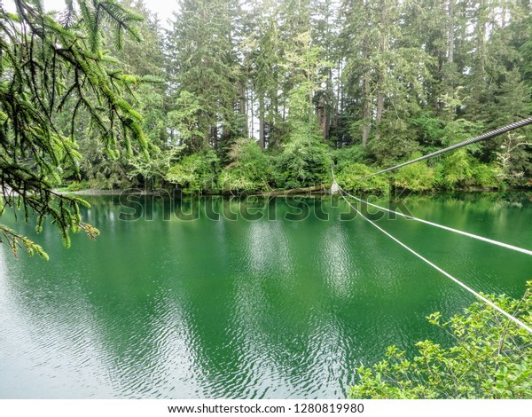 the west coast trail cable car or trolley passing\
over a beautiful green turquoise river.  This is along the wet and\
rainy west coast trail with dense evergreen forest in British\
Columbia, Canada