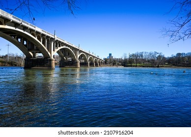 West Columbia, SC - January 11th, 2021: The Gervais Street Bridge, carrying US-1 and US-378, connecting Columbia, SC and West Columbia, SC, over the Congaree River. 