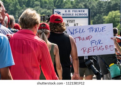 West Columbia, South Carolina - June 25, 2018: Anti-Trump Protesters Protest The Arrival Of Donald Trump In West Columbia Before His Rally With South Carolina Governor Henry McMaster.