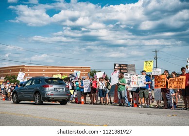 West Columbia, South Carolina - June 25, 2018: Anti-Trump Protesters Protest The Arrival Of Donald Trump In West Columbia Before His Rally With South Carolina Governor Henry McMaster.