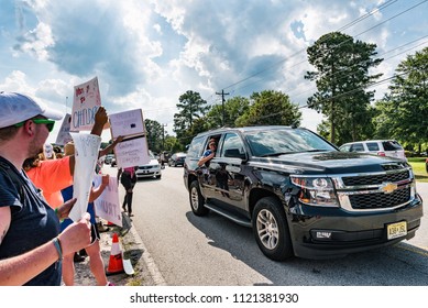 West Columbia, South Carolina - June 25, 2018: Anti-Trump Protesters Protest The Arrival Of Donald Trump In West Columbia Before His Rally With South Carolina Governor Henry McMaster.