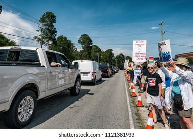 West Columbia, South Carolina - June 25, 2018: Anti-Trump Protesters Protest The Arrival Of Donald Trump In West Columbia Before His Rally With South Carolina Governor Henry McMaster.