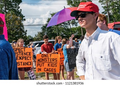 West Columbia, South Carolina - June 25, 2018: Anti-Trump Protesters Protest The Arrival Of Donald Trump In West Columbia Before His Rally With South Carolina Governor Henry McMaster.