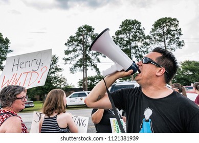 West Columbia, South Carolina - June 25, 2018: Anti-Trump Protesters Protest The Arrival Of Donald Trump In West Columbia Before His Rally With South Carolina Governor Henry McMaster.