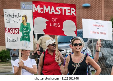 West Columbia, South Carolina - June 25, 2018: Anti-Trump Protesters Protest The Arrival Of Donald Trump In West Columbia Before His Rally With South Carolina Governor Henry McMaster.