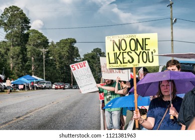 West Columbia, South Carolina - June 25, 2018: Anti-Trump Protesters Protest The Arrival Of Donald Trump In West Columbia Before His Rally With South Carolina Governor Henry McMaster.