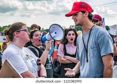 West Columbia, South Carolina - June 25, 2018: Anti-Trump Protesters Protest The Arrival Of Donald Trump In West Columbia Before His Rally With South Carolina Governor Henry McMaster.