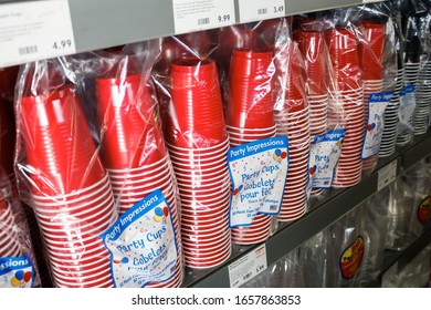 West Covina, California, United States - 02-19-2020: A View Of Several Packages Of Party Impressions Red Party Cups On Display At A Local Grocery Store.