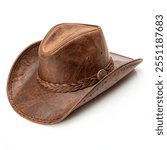 West culture, Americana and American country music concept theme with a brown leather cowboy hat isolated on white background with clip path cut out