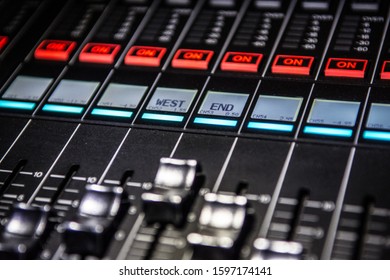 West End Sign In Music Studio Or Live Concert Musical Theater On The Digital Or Analog Mixing Desk Dispalyed On The Channel Strip