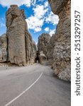 West entrance into the Needles Eye Tunnel on the Needles Highway, South Dakota Highway 87, in Custer State Park, Black Hills, South Dakota.