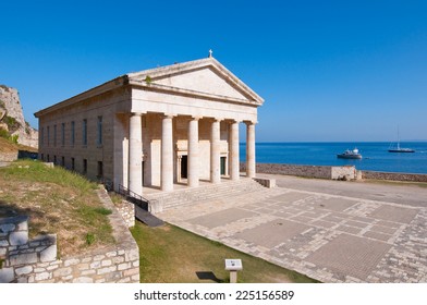 The west facade of the Church of St. George at the Old Fortress on the Corfu island, Greece.