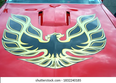 West Harrison, NY - Sunday October 11, 2020. The Eagle on the hood of a 1974 Pontiac Firebird Trans Am.