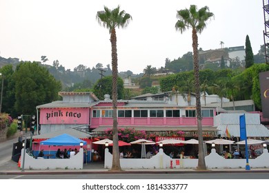 West Hollywood, CA / USA September 12 2020: Pink Taco Restaurant On Sunset Boulevard On A Smoggy Day From Wild Fires. 