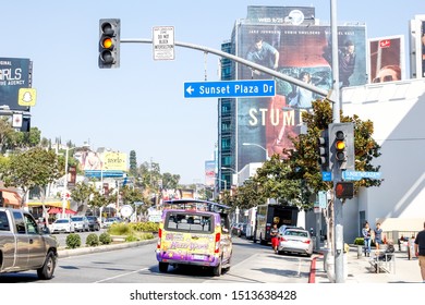 West Hollywood, California/United States - 09/23/2019: A Tour Bus Drives Down Sunset Boulevard