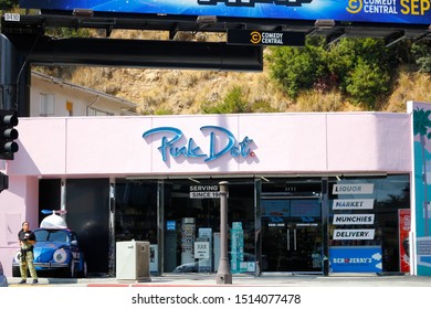 West Hollywood, California/United States - 09/23/2019: A Store Front Sign And Entrance For The Famous Pink Dot, A Food And Liquor Store That Offers Delivery.