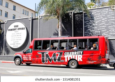 West Hollywood, California/United States - 09/23/2019: A TMZ Celebrity Tour Bus Drives By The Comedy Store On Sunset Boulevard