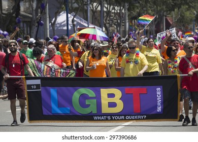 West Hollywood, Los Angeles, California, USA, June 14, 2015, 40th Annual Gay Pride Parade For LGBT Community, Down Santa Monica Blvd., LGBT Public Library Banner And Marchers