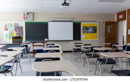 West Islip, New York, USA - 3 June 2020: High School Classroom In New York Is Still Empty After Months Of No Classes Due To The Covid-19 Coronavirus Pandemic.