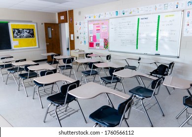 West Islip, New York, USA - 3 June 2020: A High School Classroom With Empty Desks And No Students Due To Coronavirus Pandemic Lockdown.