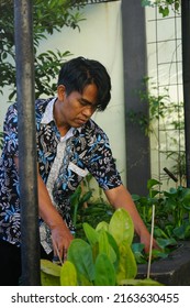 WEST JAVA, INDONESIA - JUNE 3, 2022: Southeast Asian Man Cleaning Pool Filter In Rainy Season