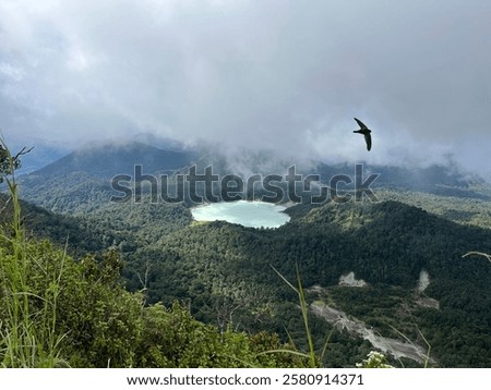 West Java, Indonesia - June 6, 2024: Mount Sagara Crater, Garut, West Java, which looks blue. Surrounded by dense green forest, and the right bird caught on camera, everything looks even more elegant.