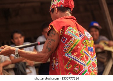 West Kalimantan / Indonesia - December 11, 2015 : 
Spectacular Borneo Sumpit, Blowgun / Blowpipe Hunting Spear. Traditional Weapon Consisting Of A Small Wooden Tube For Firing Light Projectiles /dart