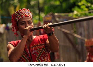 West Kalimantan / Indonesia - December 11, 2015 : 
Spectacular Borneo Sumpit, Blowgun / Blowpipe Hunting Spear. Traditional Weapon Consisting Of A Small Wooden Tube For Firing Light Projectiles /dart