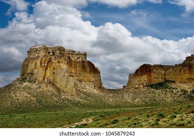 West Kazakhstan. In The Boundless Steppe There Is A Lonely Mountain Complex Shirkala, Which From A Distance Looks Like A Yurt.