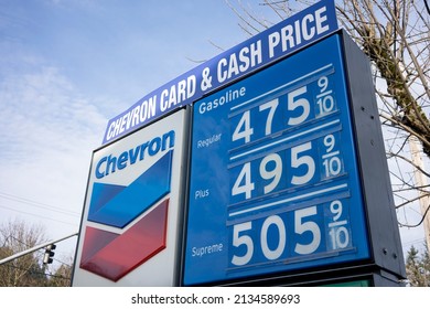 West Linn, OR, USA - Mar 11, 2022: Closeup Of The Gas Price Sign Seen At A Chevron Gas Station In West Linn, Oregon. Oil And Gas Prices Are Soaring Due To Russia's War In Ukraine.