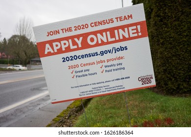 West Linn, Oregon, USA - Jan 18, 2020: United States 2020 Census Jobs Advertisement Is Seen By The Roadside In West Linn, A Suburb Within The Portland Metro Area.