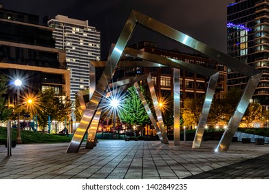 West Loop, Chicago-May 17, 2019: Night Scene Of Fountain Plaza In Neighborhood Public Park. Street In Chicago, Travel In Illinois.