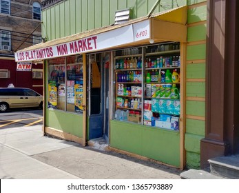 West New York, NJ - March 24 2019: Los Platanitos Mini Market, A Hispanic Bodega On Broadway