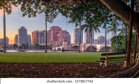 West Palm Beach city skyline at sunset from waterfront park in Palm Beach