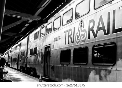 West Palm Beach FL USA 01/24/2020 Tri Rail Train In The Station Closeup In Black And White