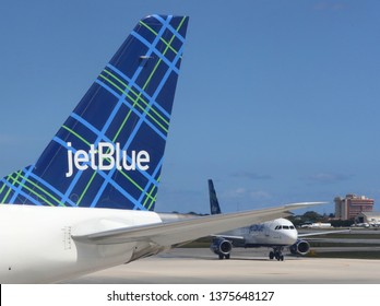 WEST PALM BEACH, FLORIDA - MARCH 31, 2019: JetBlue Tail Fin At West Palm Beach Airport, Florida